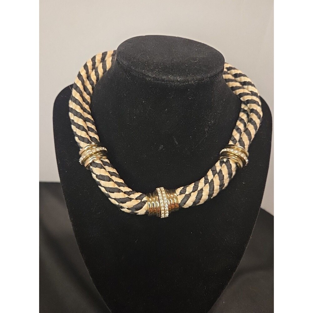 ABS Alan Shwartz Black & White Braided Choker & Bracelet w Goldtone & Rhinestone